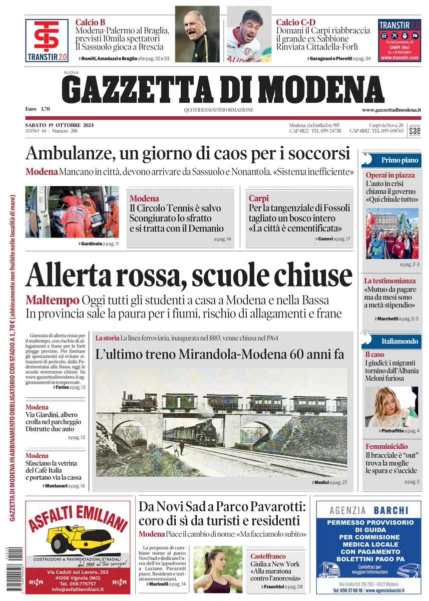 Prima-pagina-gazzetta di modena-oggi-edizione-del-2024-10-19